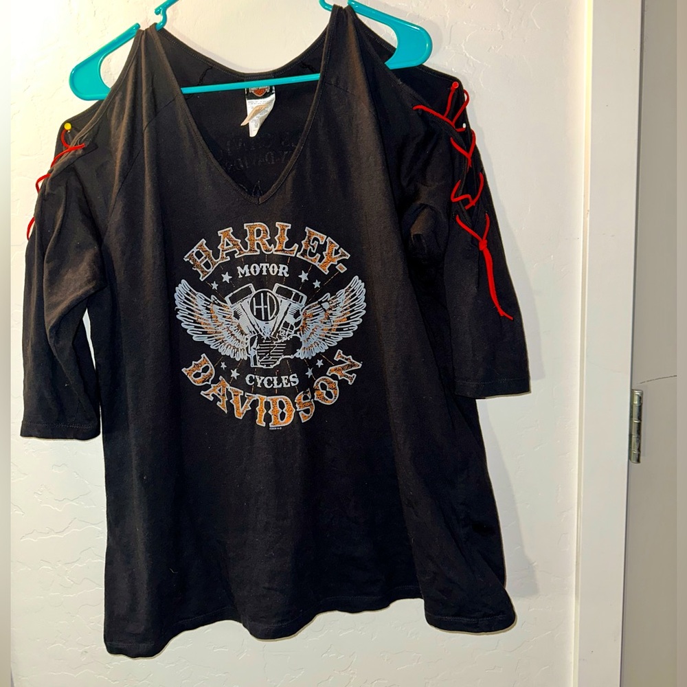 Harley Davidson Motor Cycles Tied 3/4 Sleeve T-Shirt - Lace Up Sleeve Tee